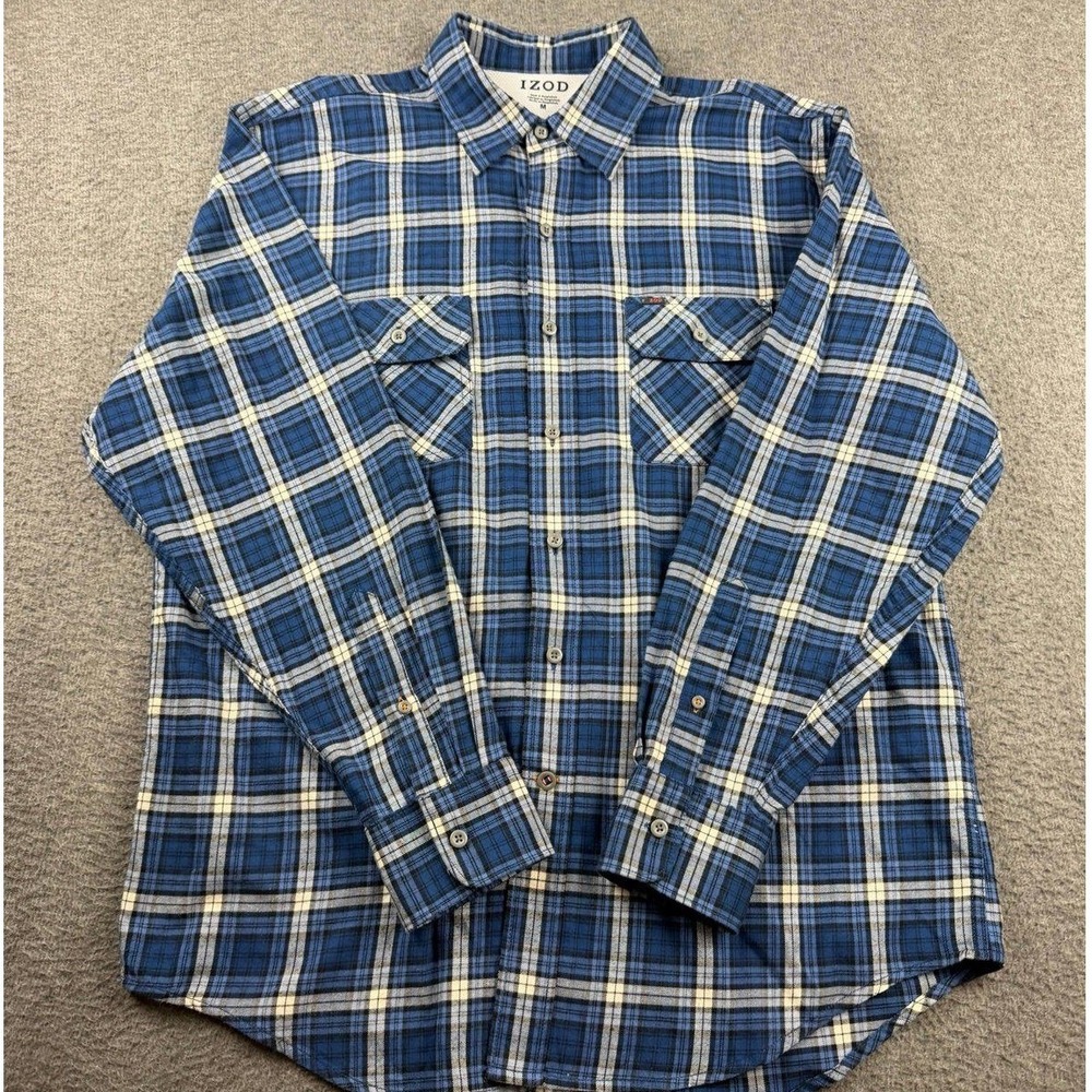 IZOD Men's Medium Plaid Flannel Long Sleeve Button Up Shirt Blue White 45FW243